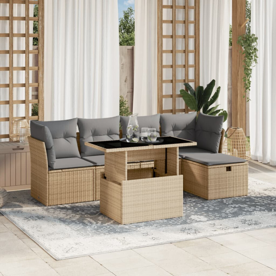 vidaXL 6-delige Loungeset met kussens poly rattan beige vidaXL 6-delige Loungeset met kussens poly rattan beige afbeelding 1