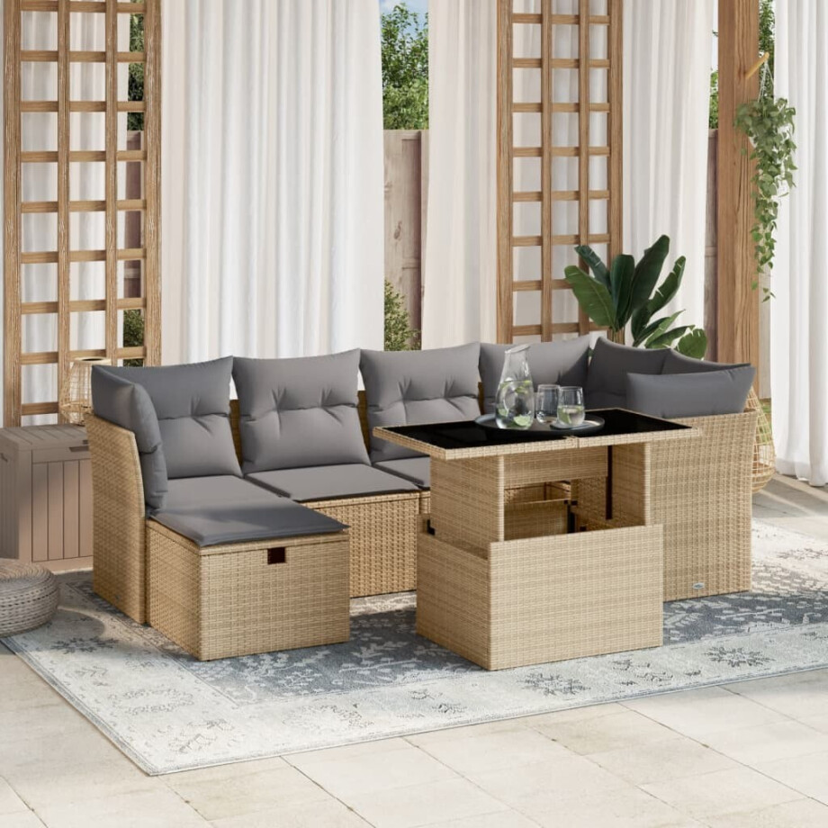 vidaXL 7-delige Loungeset met kussens poly rattan beige afbeelding 1