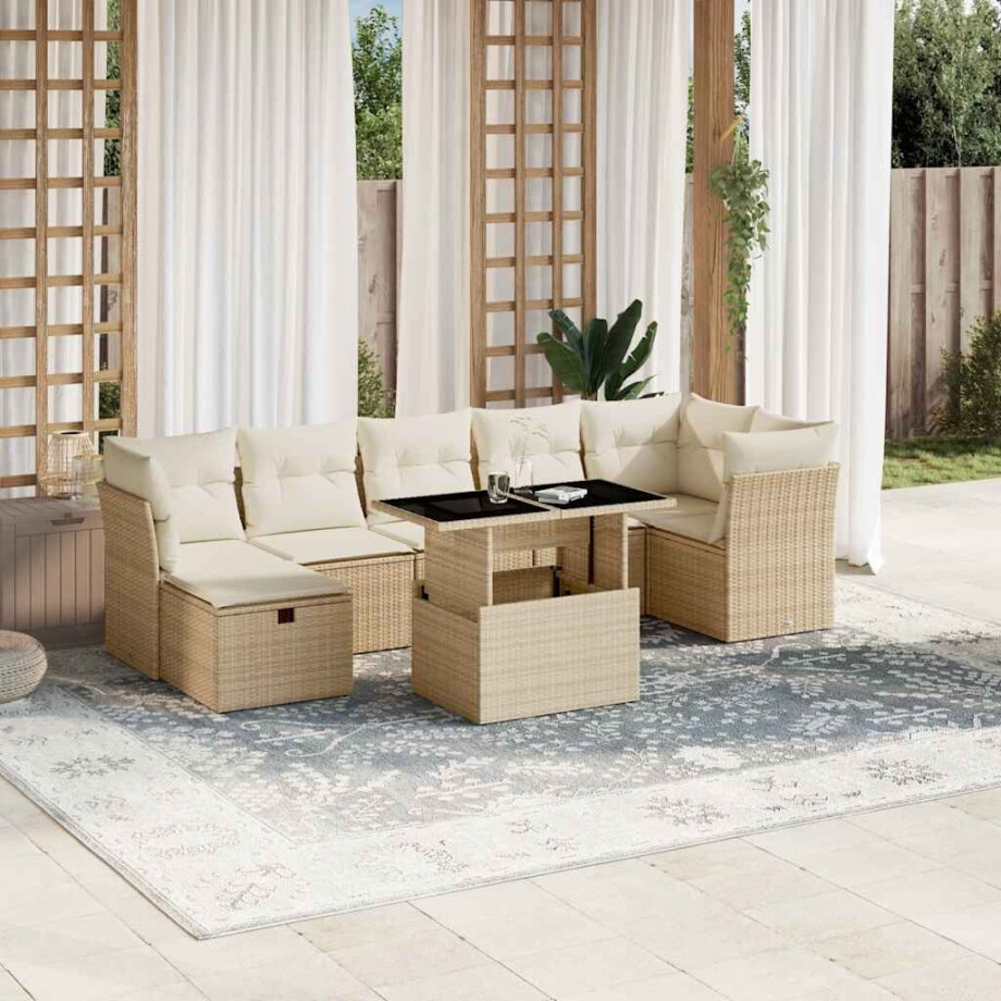 vidaXL 8-delige Loungeset met kussens poly rattan beige afbeelding 1
