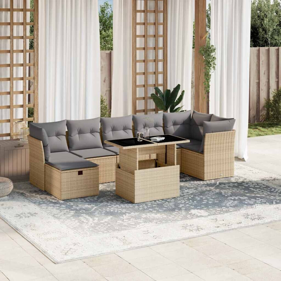 vidaXL 8-delige Loungeset met kussens poly rattan beige afbeelding 1