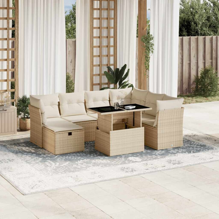 vidaXL 8-delige Loungeset met kussens poly rattan beige afbeelding 1