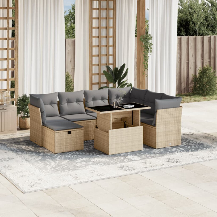 vidaXL 8-delige Loungeset met kussens poly rattan beige afbeelding 1