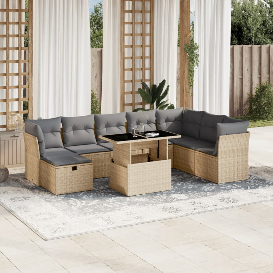 vidaXL 9-delige Loungeset met kussens poly rattan beige afbeelding 1
