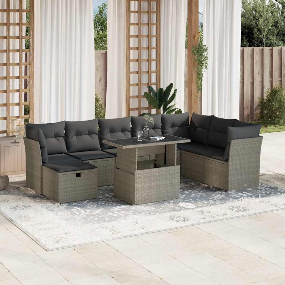 vidaXL 9-delige Loungeset met kussens poly rattan lichtgrijs vidaXL 9-delige Loungeset met kussens poly rattan lichtgrijs afbeelding 1