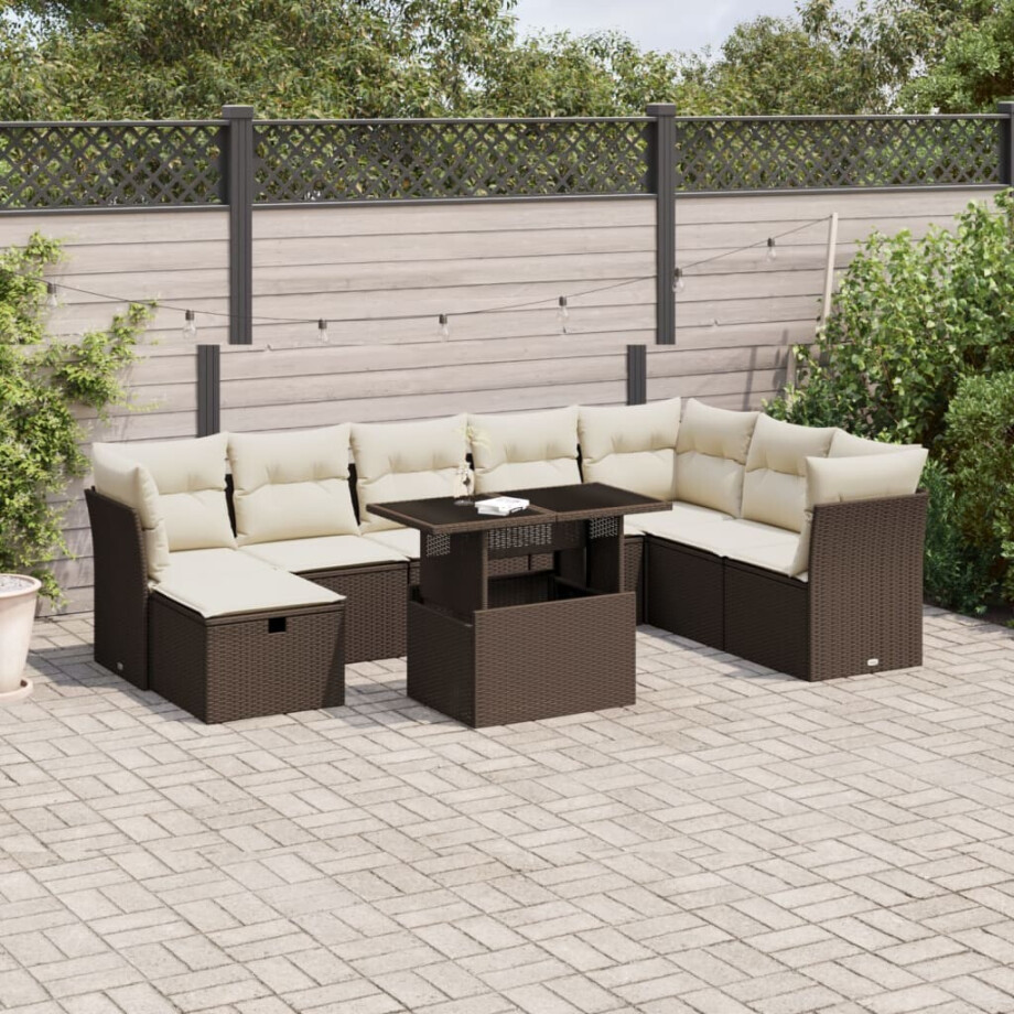 vidaXL 9-delige Loungeset met kussens poly rattan bruin afbeelding 1
