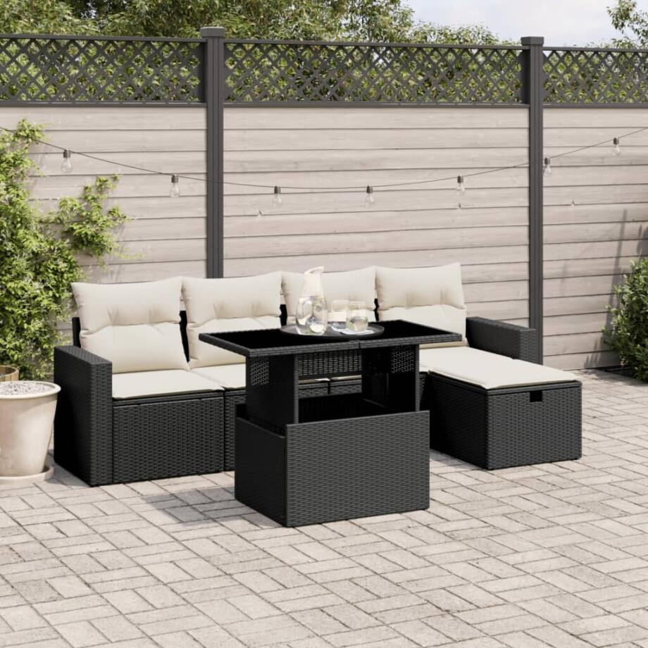vidaXL 6-delige Loungeset met kussens poly rattan zwart afbeelding 1