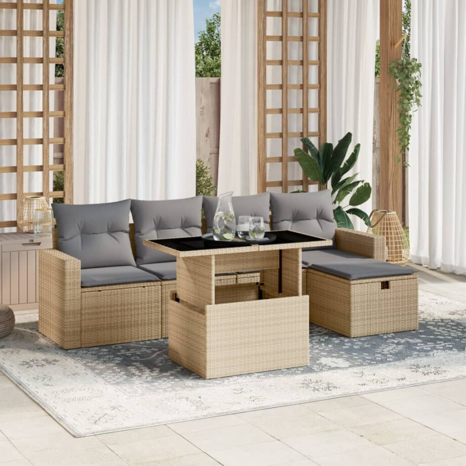 vidaXL 6-delige Loungeset met kussens poly rattan beige vidaXL 6-delige Loungeset met kussens poly rattan beige afbeelding 1