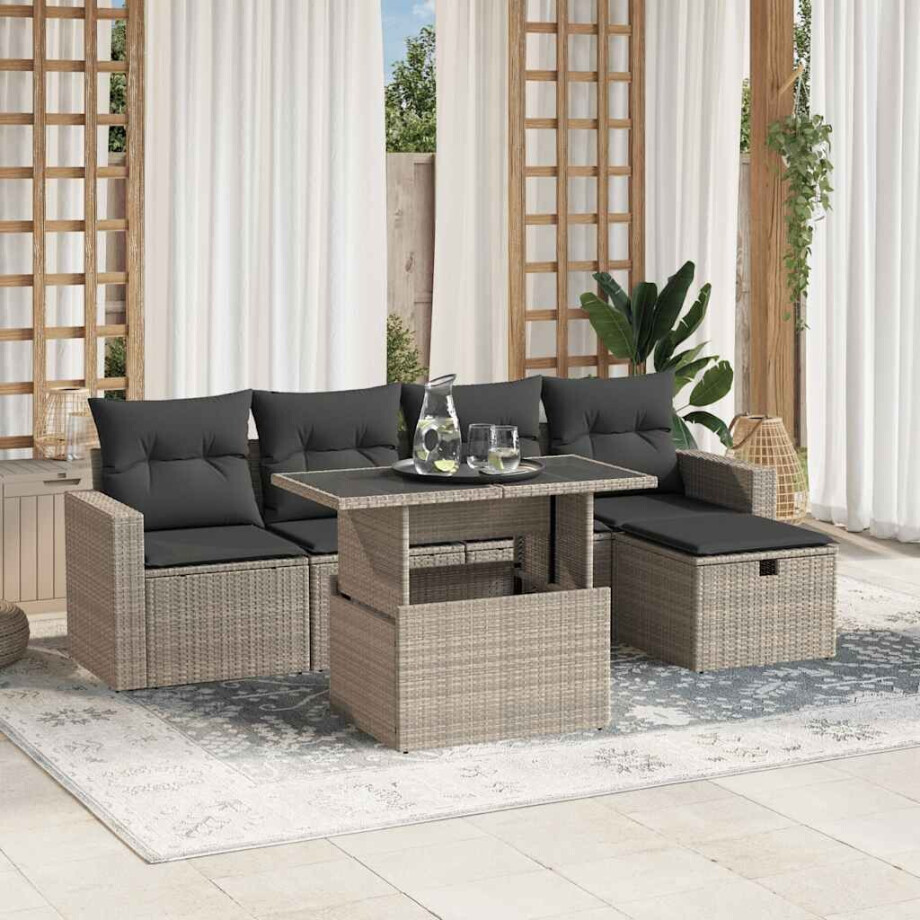 vidaXL 6-delige Loungeset met kussens poly rattan lichtgrijs afbeelding 1