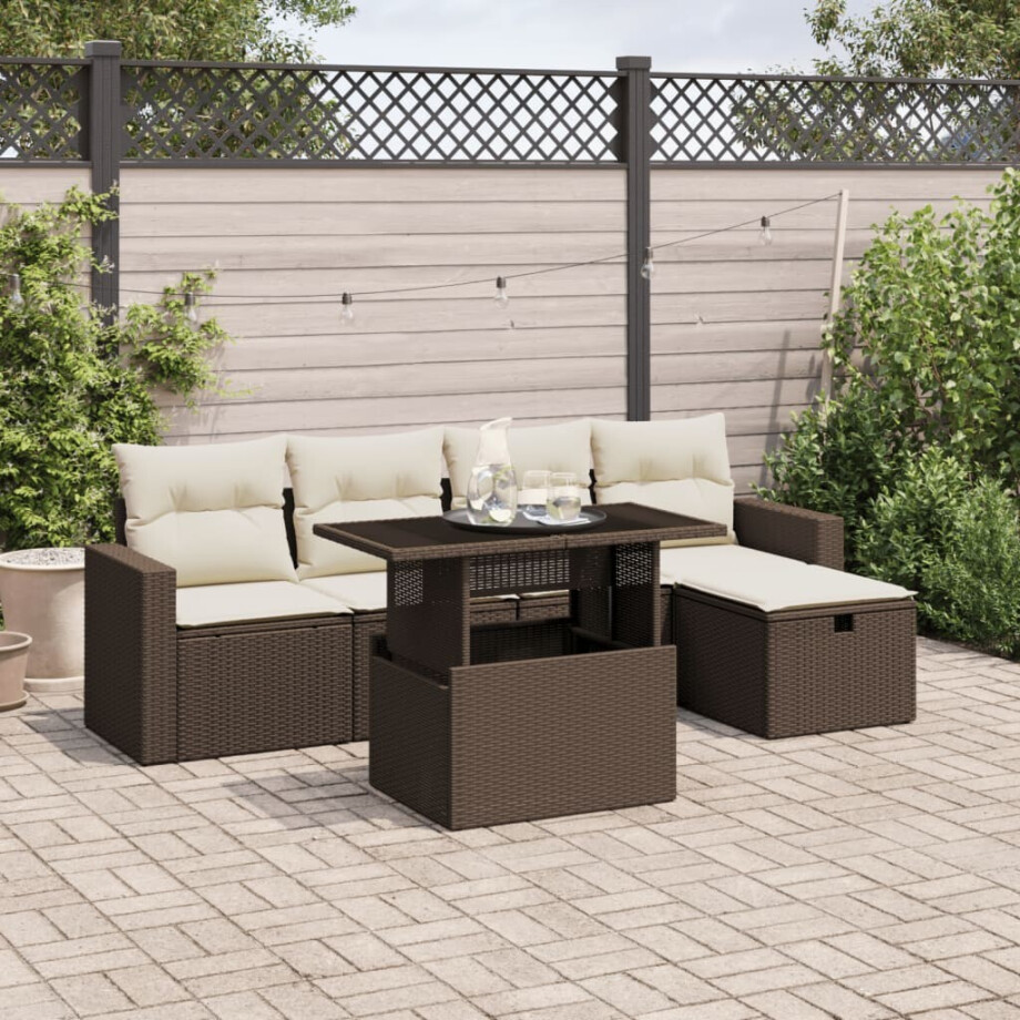 vidaXL 6-delige Loungeset met kussens poly rattan bruin afbeelding 1