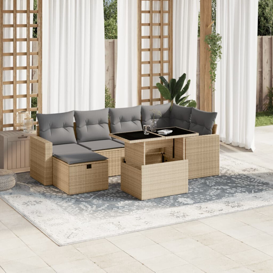vidaXL 7-delige Loungeset met kussens poly rattan beige vidaXL 7-delige Loungeset met kussens poly rattan beige afbeelding 1