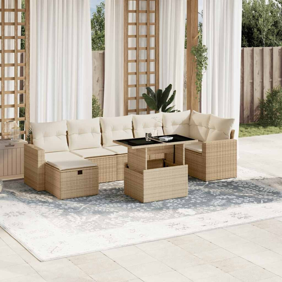 vidaXL 8-delige Loungeset met kussens poly rattan beige afbeelding 1