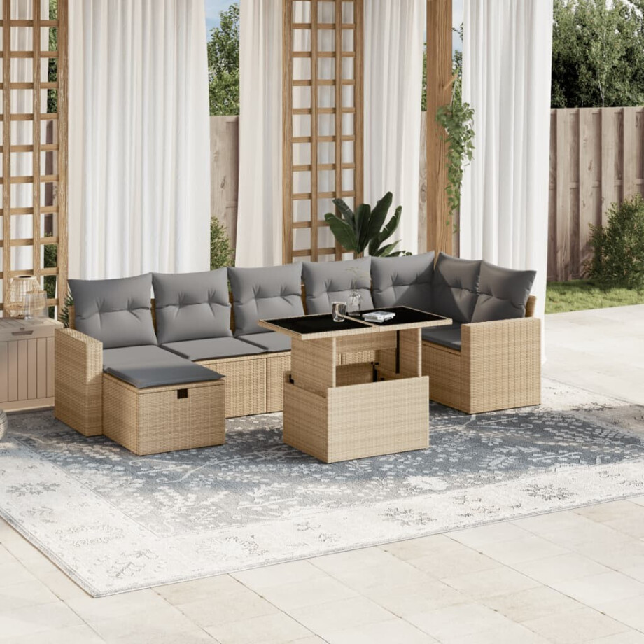 vidaXL 8-delige Loungeset met kussens poly rattan beige afbeelding 1