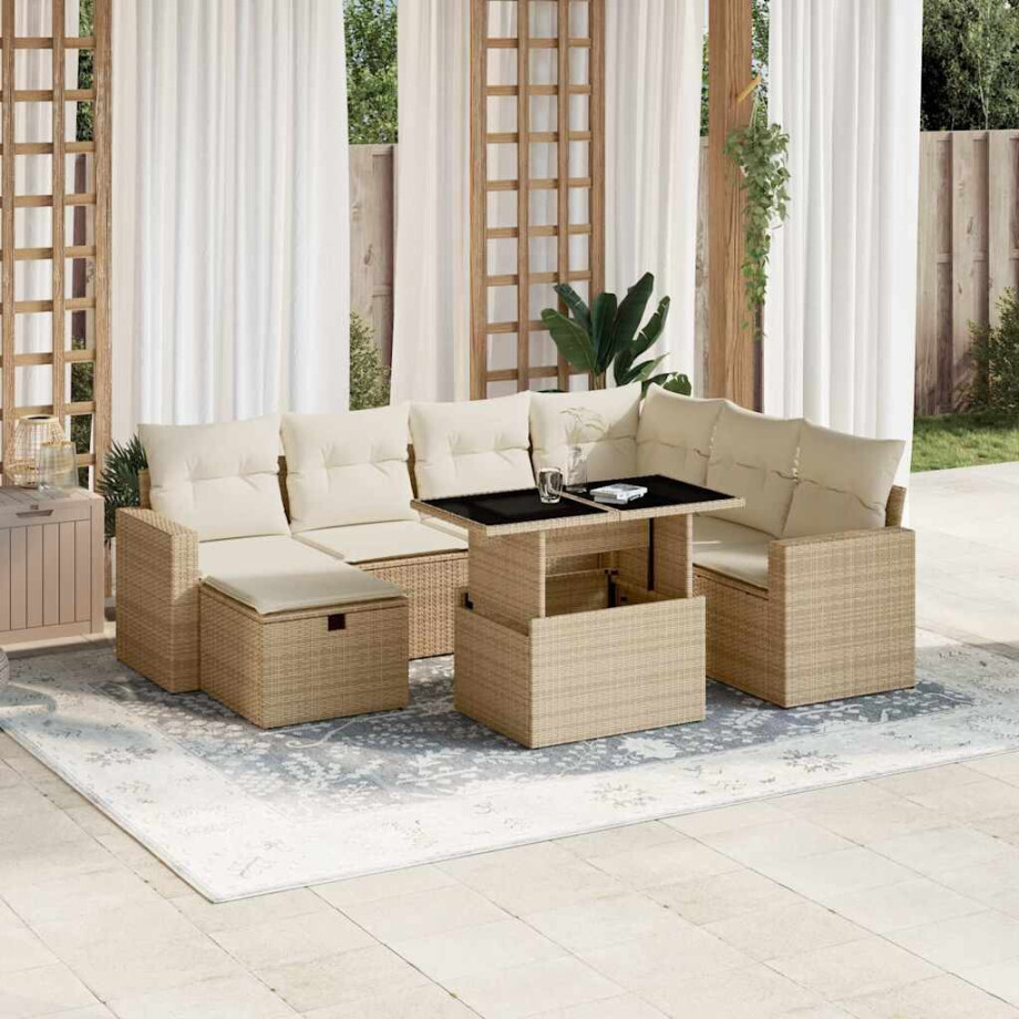vidaXL 8-delige Loungeset met kussens poly rattan beige afbeelding 1