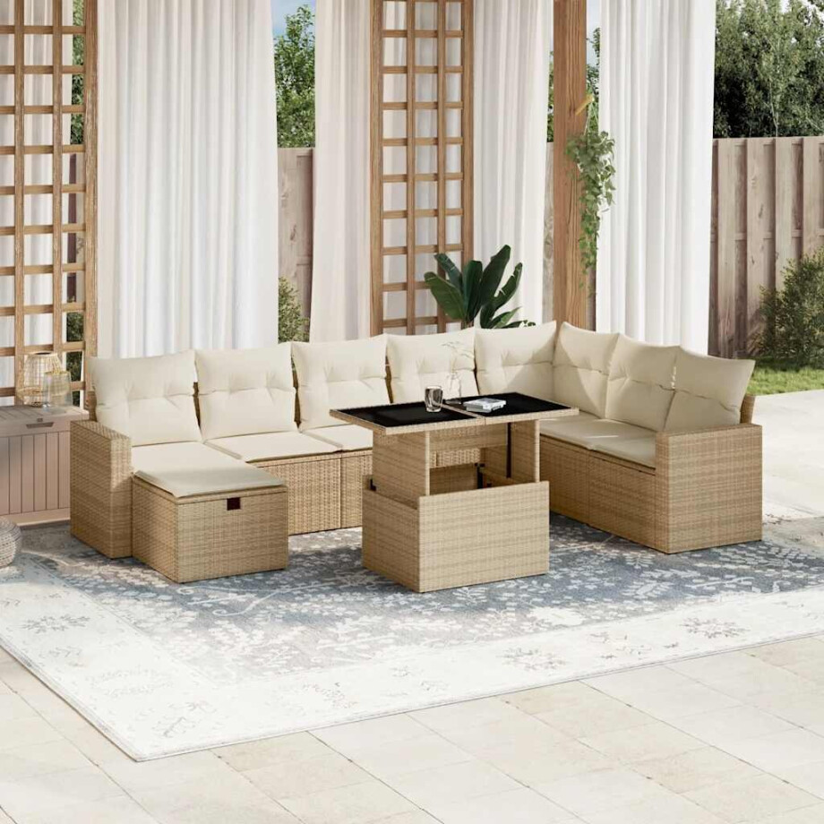 vidaXL 9-delige Loungeset met kussens poly rattan beige afbeelding 1