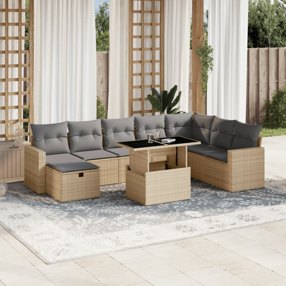 vidaXL 9-delige Loungeset met kussens poly rattan beige afbeelding 1