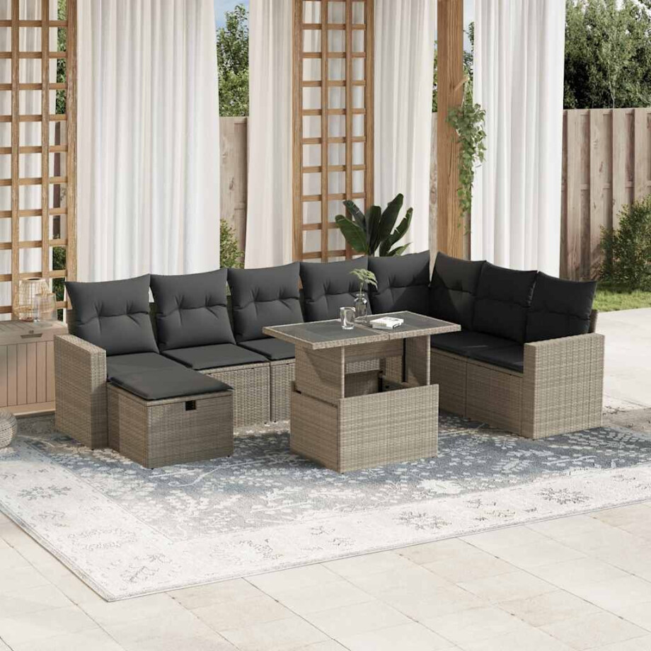 vidaXL 9-delige Loungeset met kussens poly rattan lichtgrijs vidaXL 9-delige Loungeset met kussens poly rattan lichtgrijs afbeelding 1