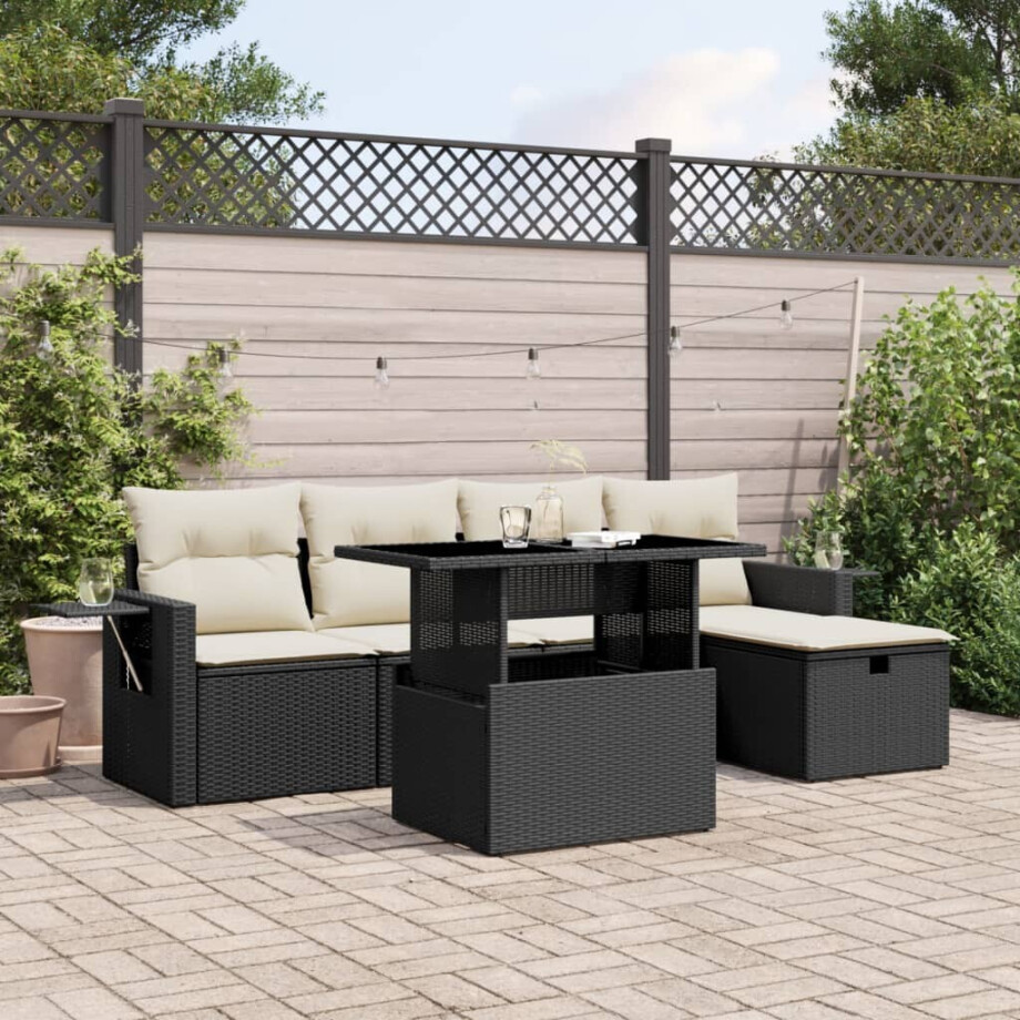 vidaXL 6-delige Loungeset met kussens poly rattan zwart afbeelding 1