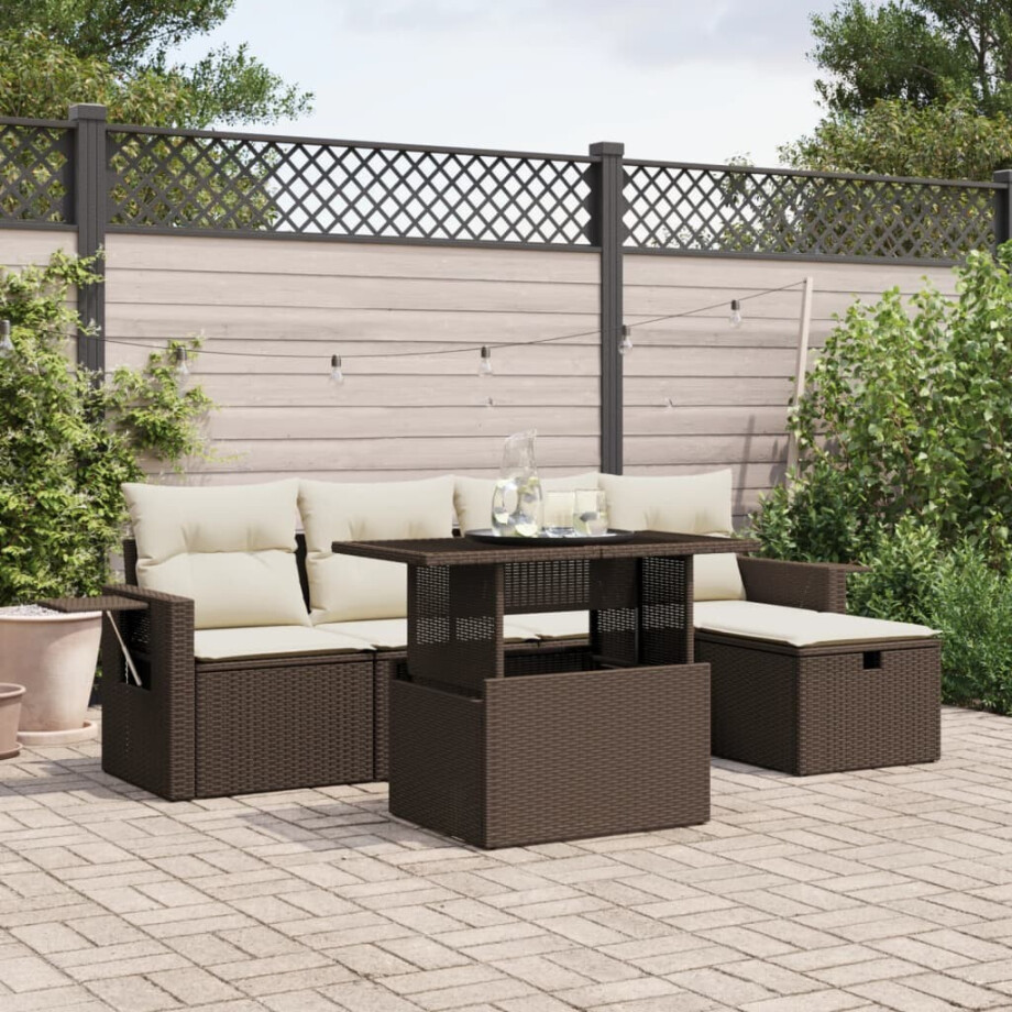 vidaXL 6-delige Loungeset met kussens poly rattan bruin afbeelding 1