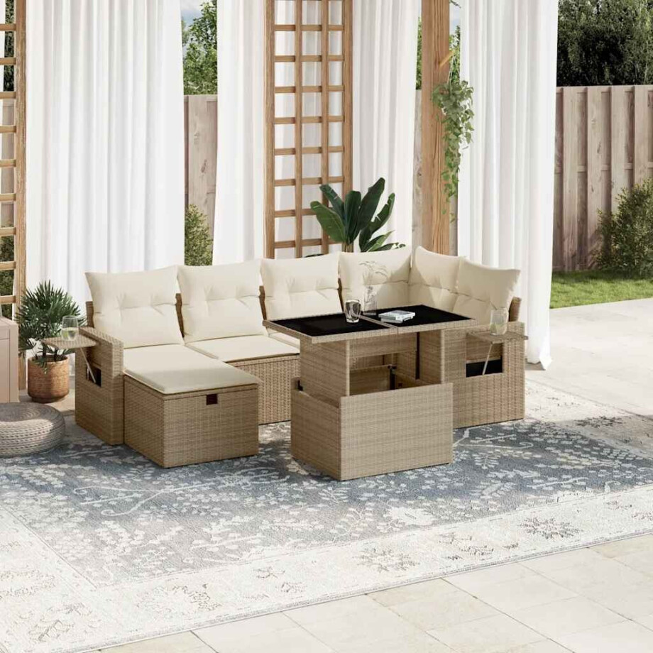 vidaXL 7-delige Loungeset met kussens poly rattan beige afbeelding 1