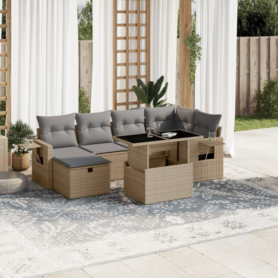 vidaXL 7-delige Loungeset met kussens poly rattan beige vidaXL 7-delige Loungeset met kussens poly rattan beige afbeelding 1