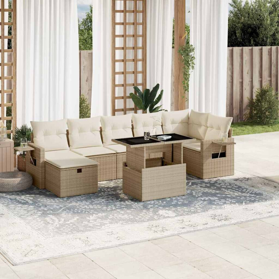 vidaXL 8-delige Loungeset met kussens poly rattan beige afbeelding 1