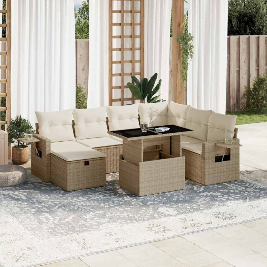 vidaXL 8-delige Loungeset met kussens poly rattan beige afbeelding 1