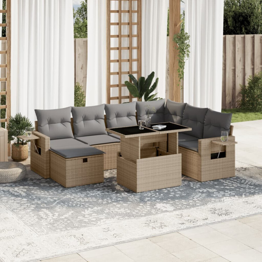 vidaXL 8-delige Loungeset met kussens poly rattan beige afbeelding 1