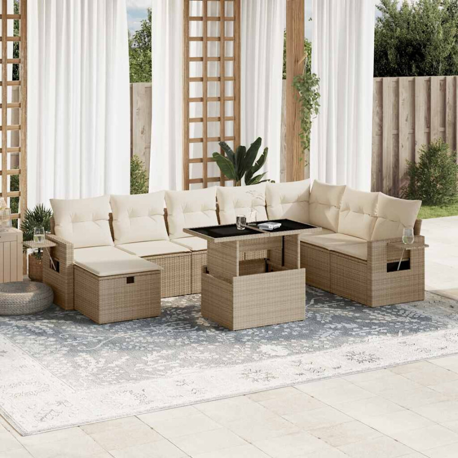 vidaXL 9-delige Loungeset met kussens poly rattan beige afbeelding 1