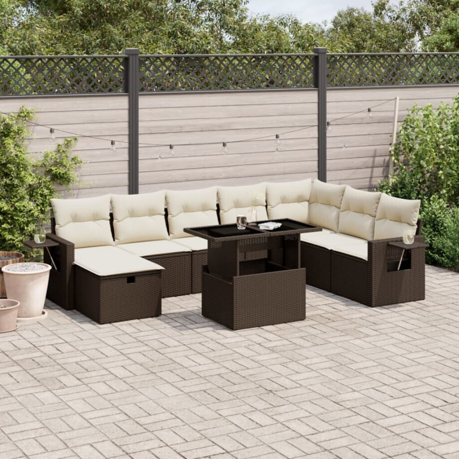 vidaXL 9-delige Loungeset met kussens poly rattan bruin afbeelding 1