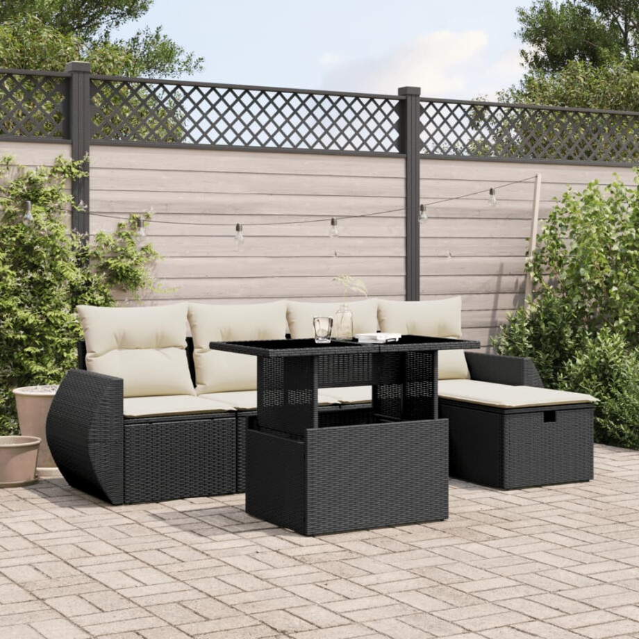 vidaXL 6-delige Loungeset met kussens poly rattan zwart afbeelding 1
