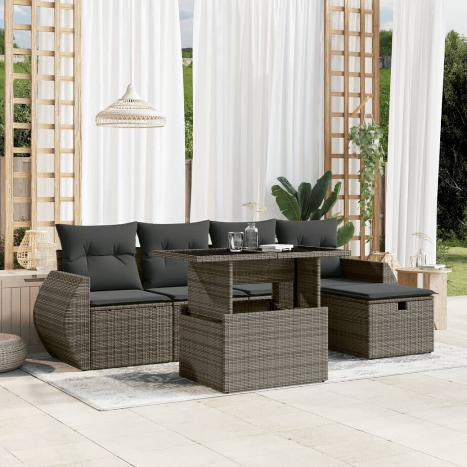 vidaXL 6-delige Loungeset met kussens poly rattan grijs afbeelding 1