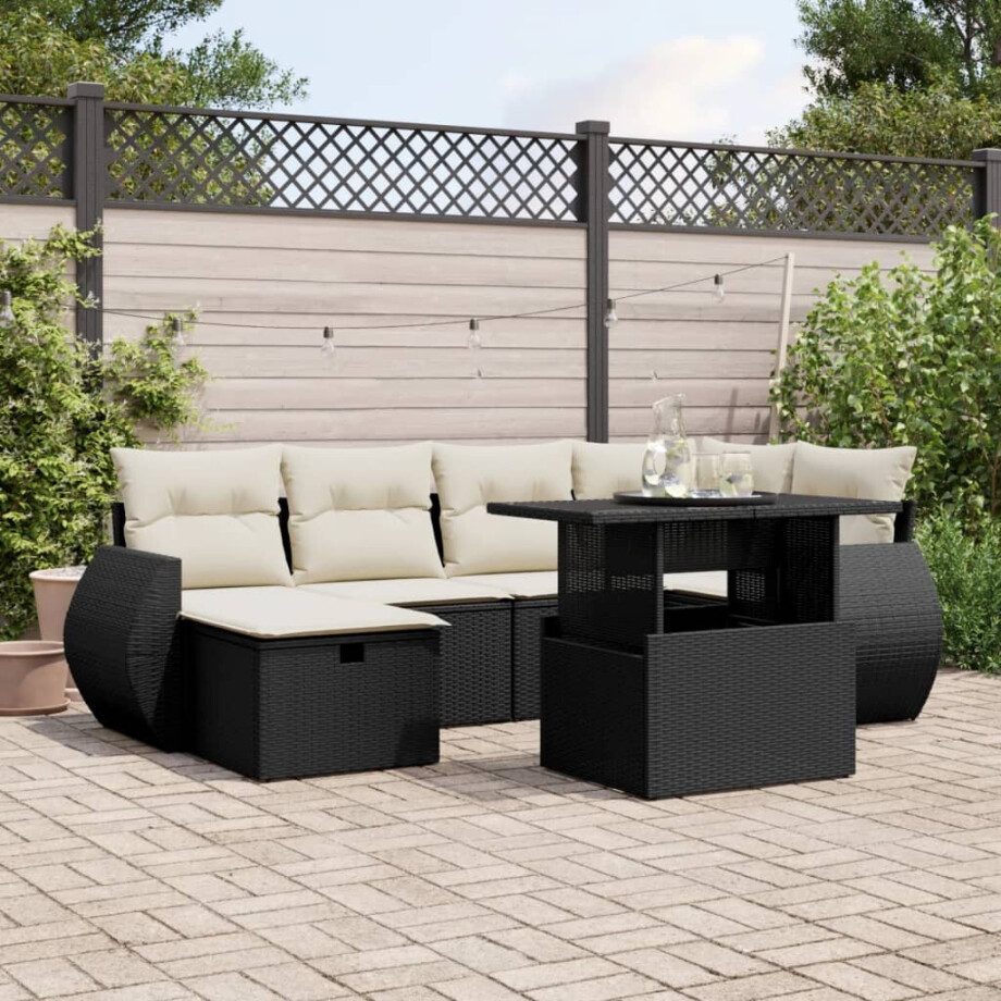vidaXL 7-delige Loungeset met kussens poly rattan zwart afbeelding 1