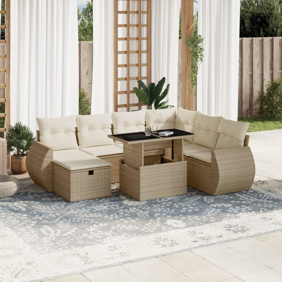 vidaXL 8-delige Loungeset met kussens poly rattan beige afbeelding 1