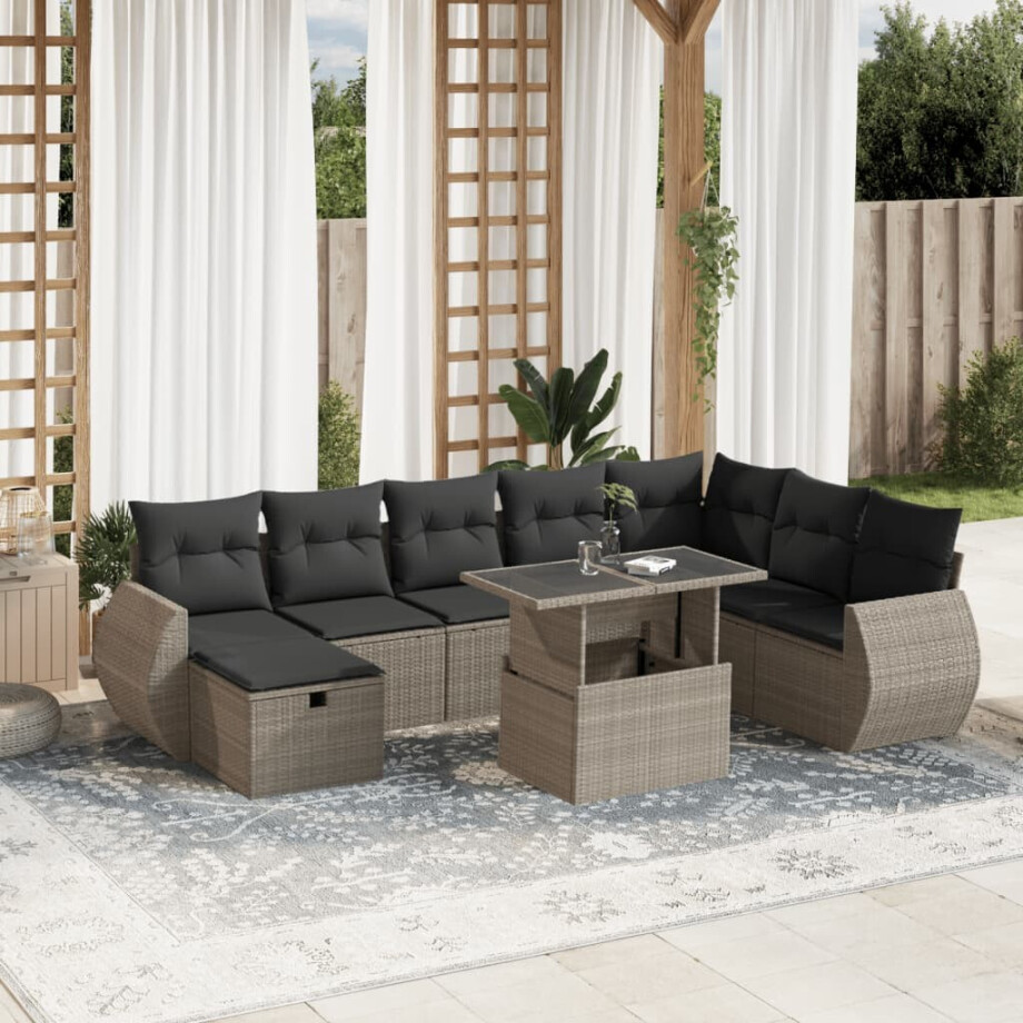 vidaXL 9-delige Loungeset met kussens poly rattan lichtgrijs afbeelding 1