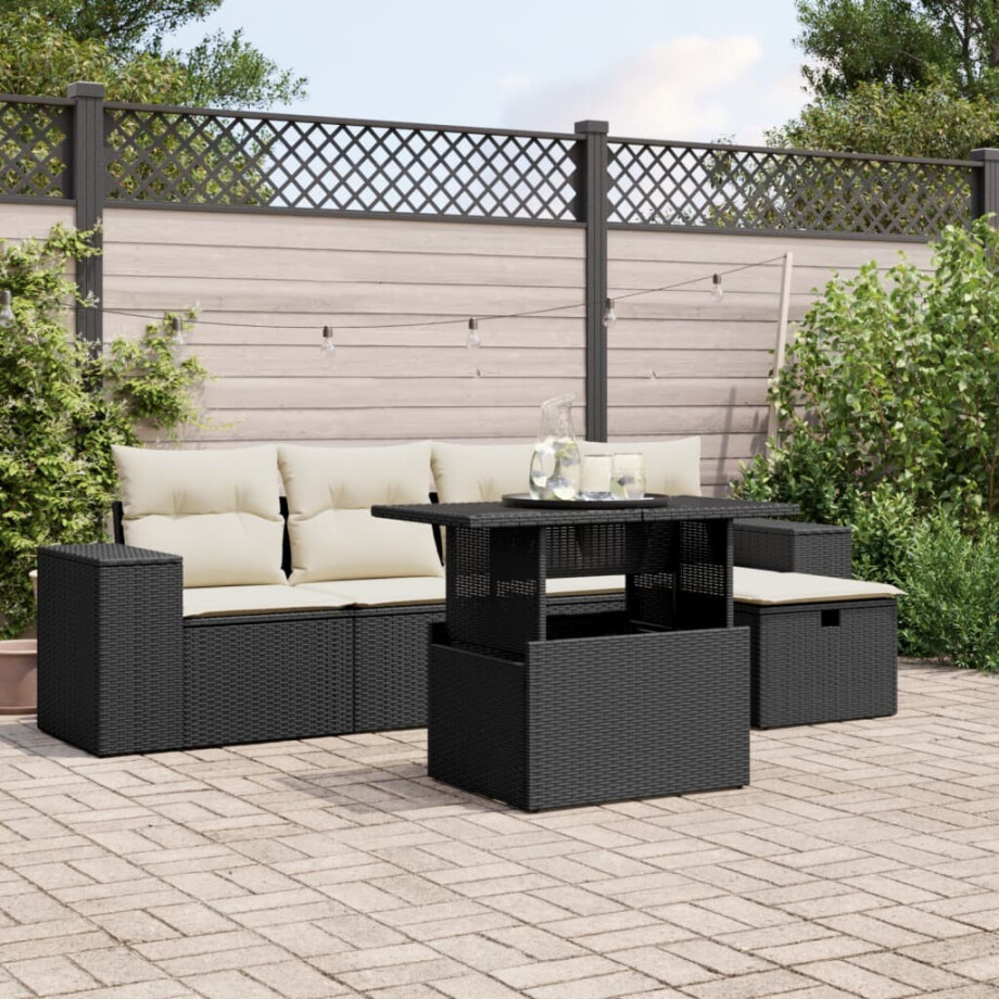vidaXL 6-delige Loungeset met kussens poly rattan zwart afbeelding 1