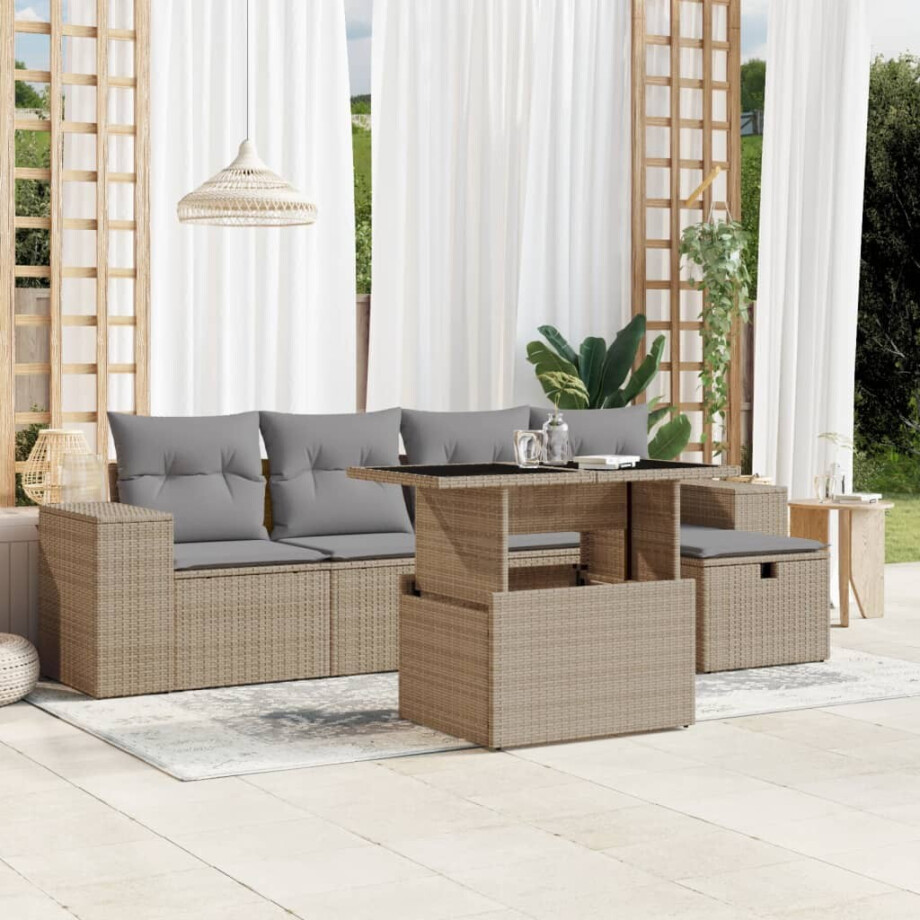 vidaXL 6-delige Loungeset met kussens poly rattan beige afbeelding 1