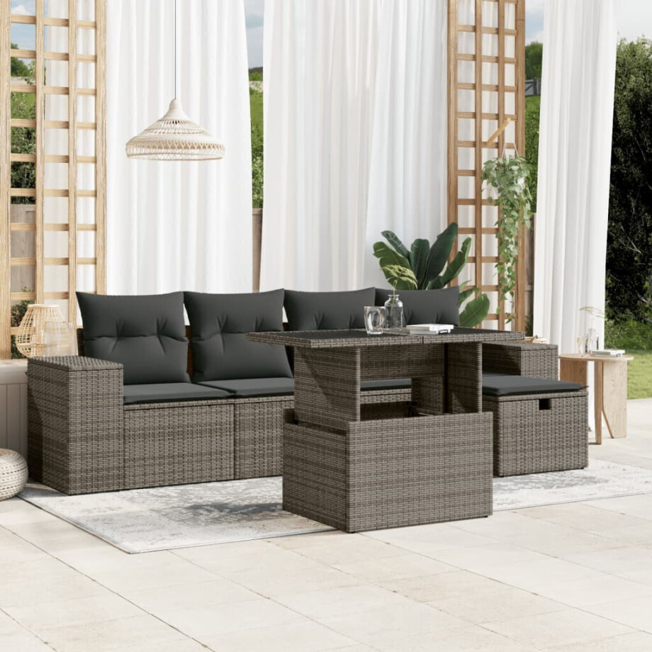 vidaXL 6-delige Loungeset met kussens poly rattan grijs afbeelding 1