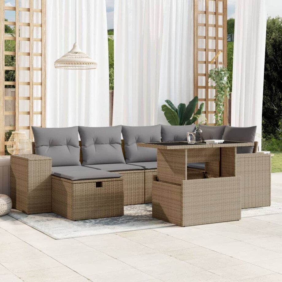 vidaXL 7-delige Loungeset met kussens poly rattan beige afbeelding 1