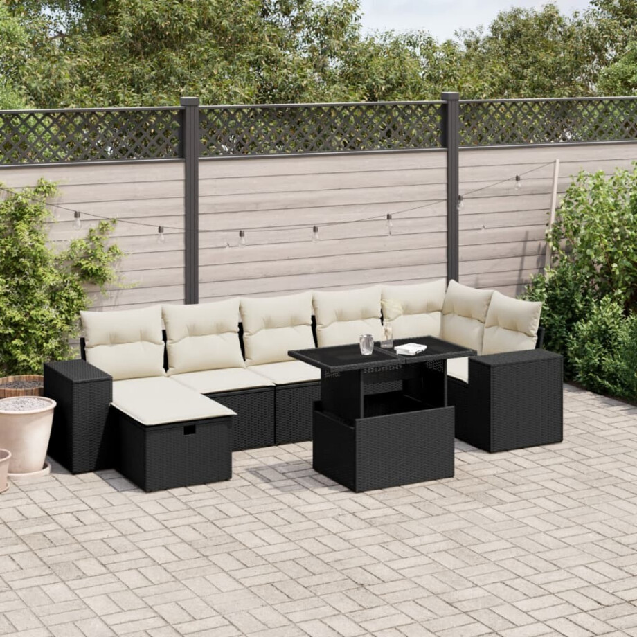 vidaXL 8-delige Loungeset met kussens poly rattan zwart afbeelding 1