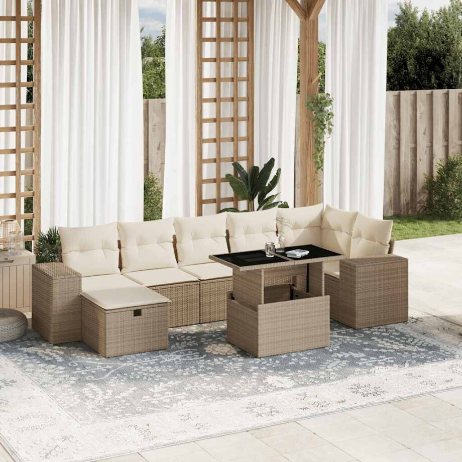 vidaXL 8-delige Loungeset met kussens poly rattan beige afbeelding 1