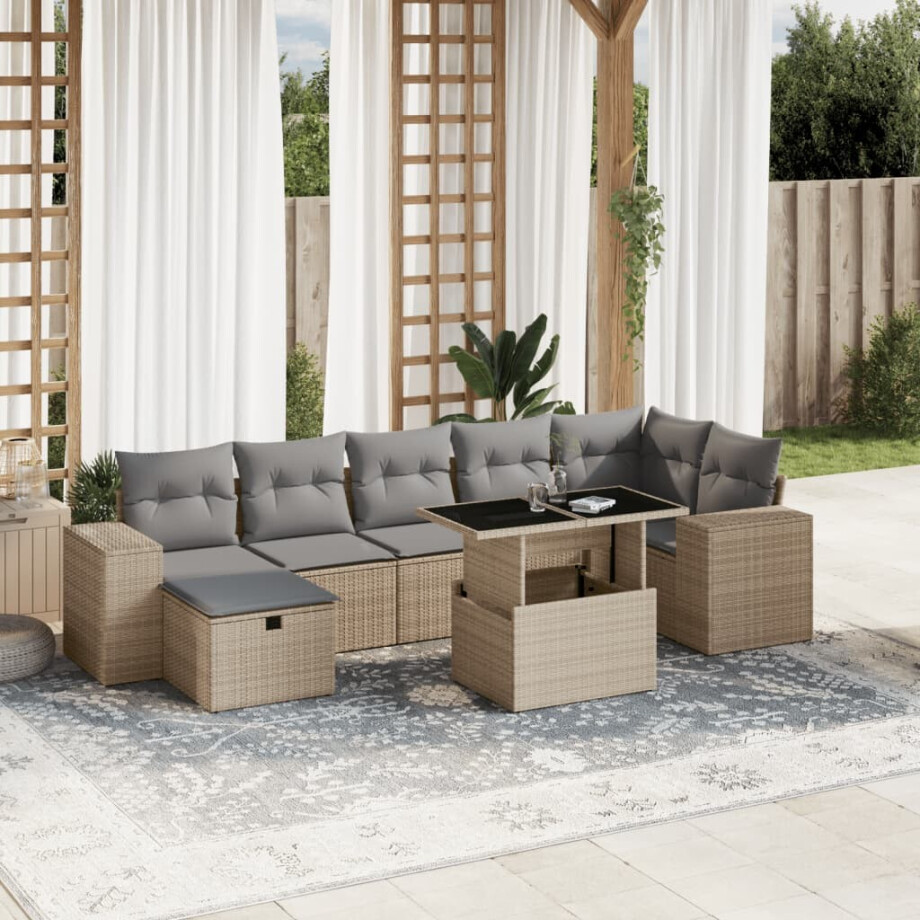 vidaXL 8-delige Loungeset met kussens poly rattan beige afbeelding 1