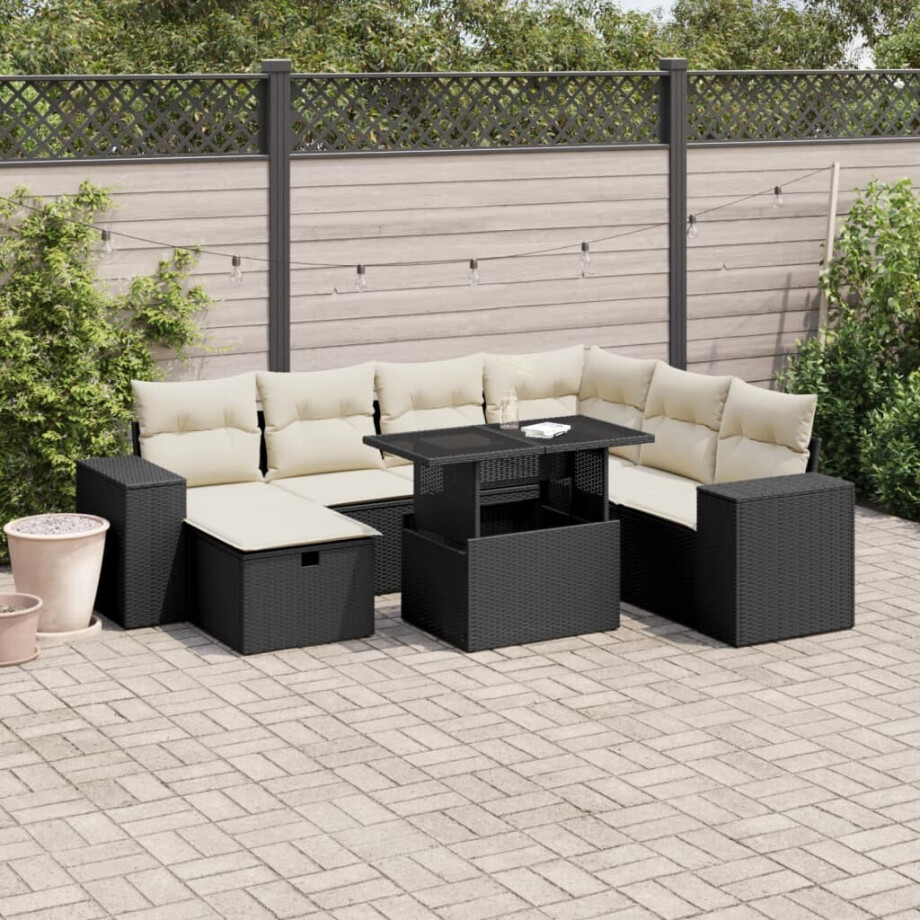 vidaXL 8-delige Loungeset met kussens poly rattan zwart afbeelding 1