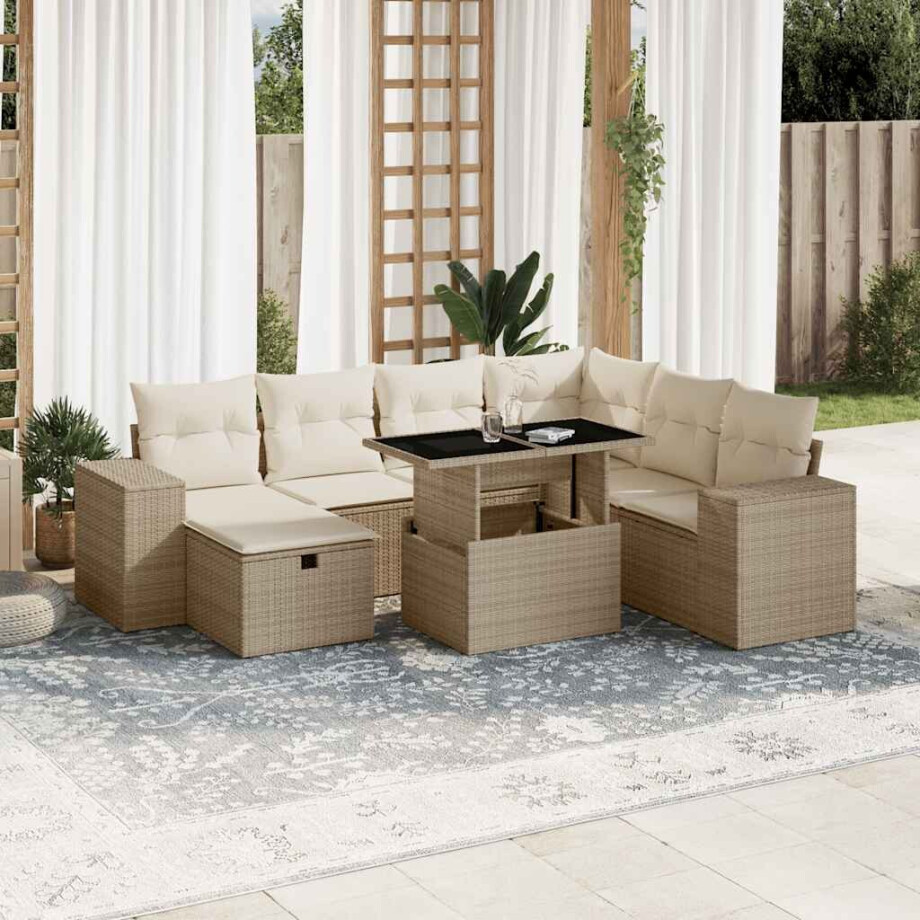 vidaXL 8-delige Loungeset met kussens poly rattan beige afbeelding 1
