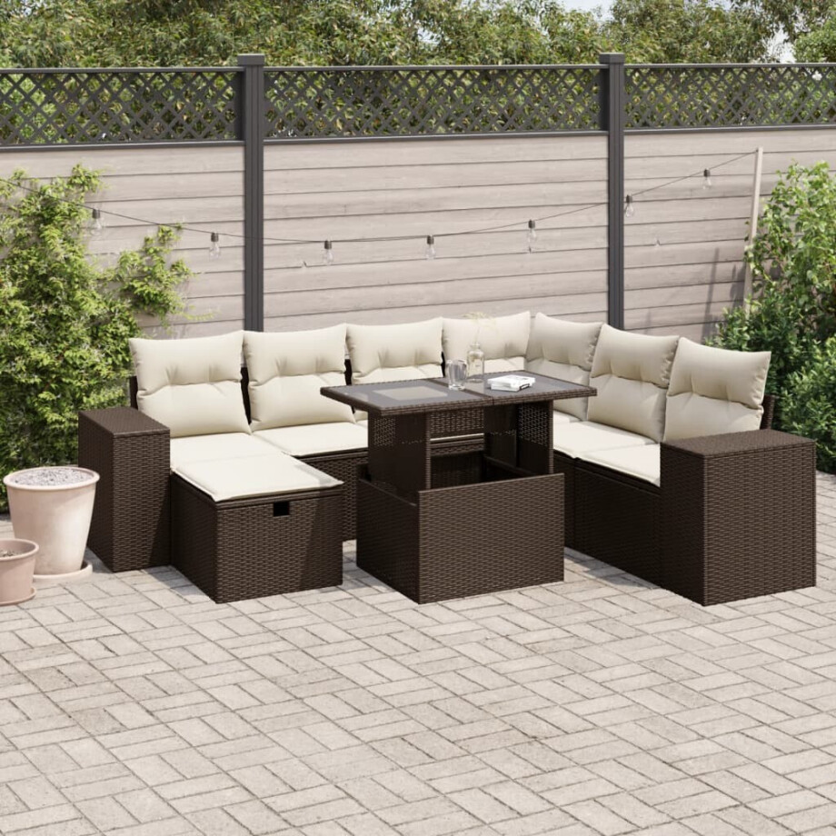 vidaXL 8-delige Loungeset met kussens poly rattan bruin vidaXL 8-delige Loungeset met kussens poly rattan bruin afbeelding 1