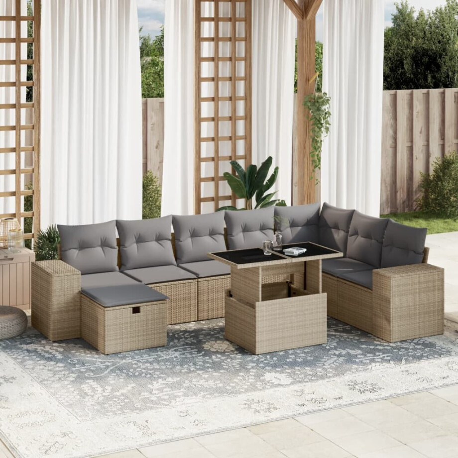 vidaXL 9-delige Loungeset met kussens poly rattan beige afbeelding 1