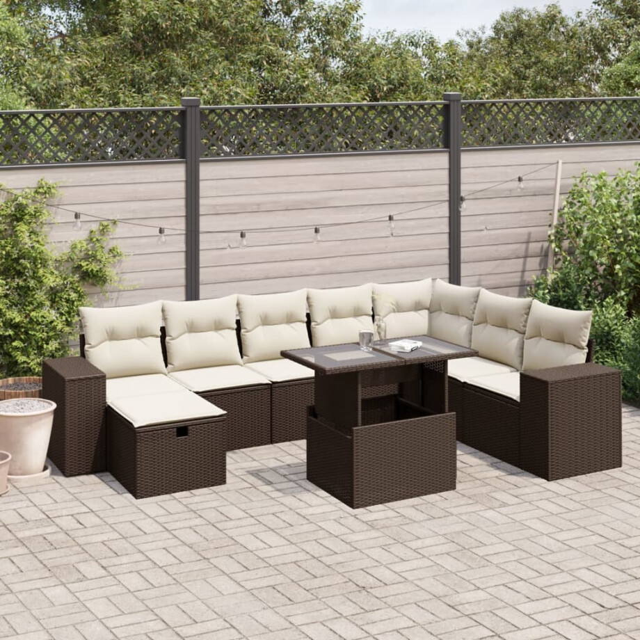 vidaXL 9-delige Loungeset met kussens poly rattan bruin afbeelding 1