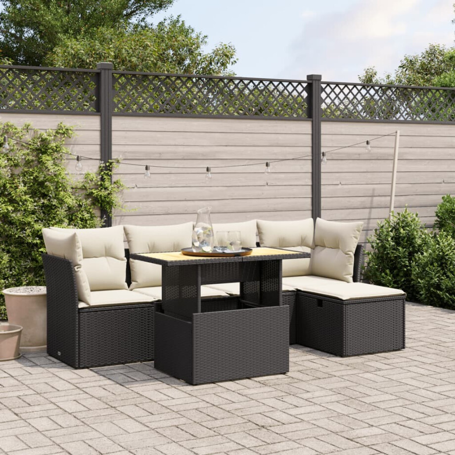 vidaXL 6-delige Loungeset met kussens poly rattan zwart afbeelding 1