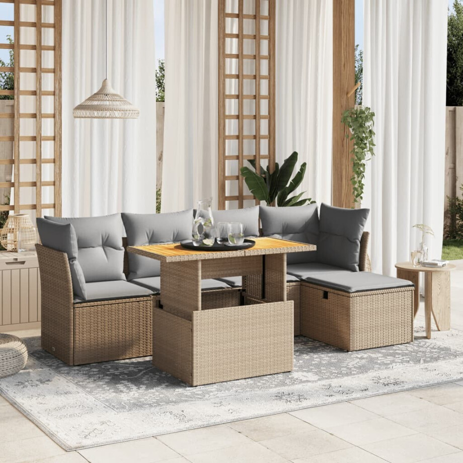 vidaXL 6-delige Loungeset met kussens poly rattan beige afbeelding 1