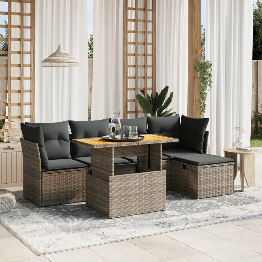 vidaXL 6-delige Loungeset met kussens poly rattan grijs afbeelding 1