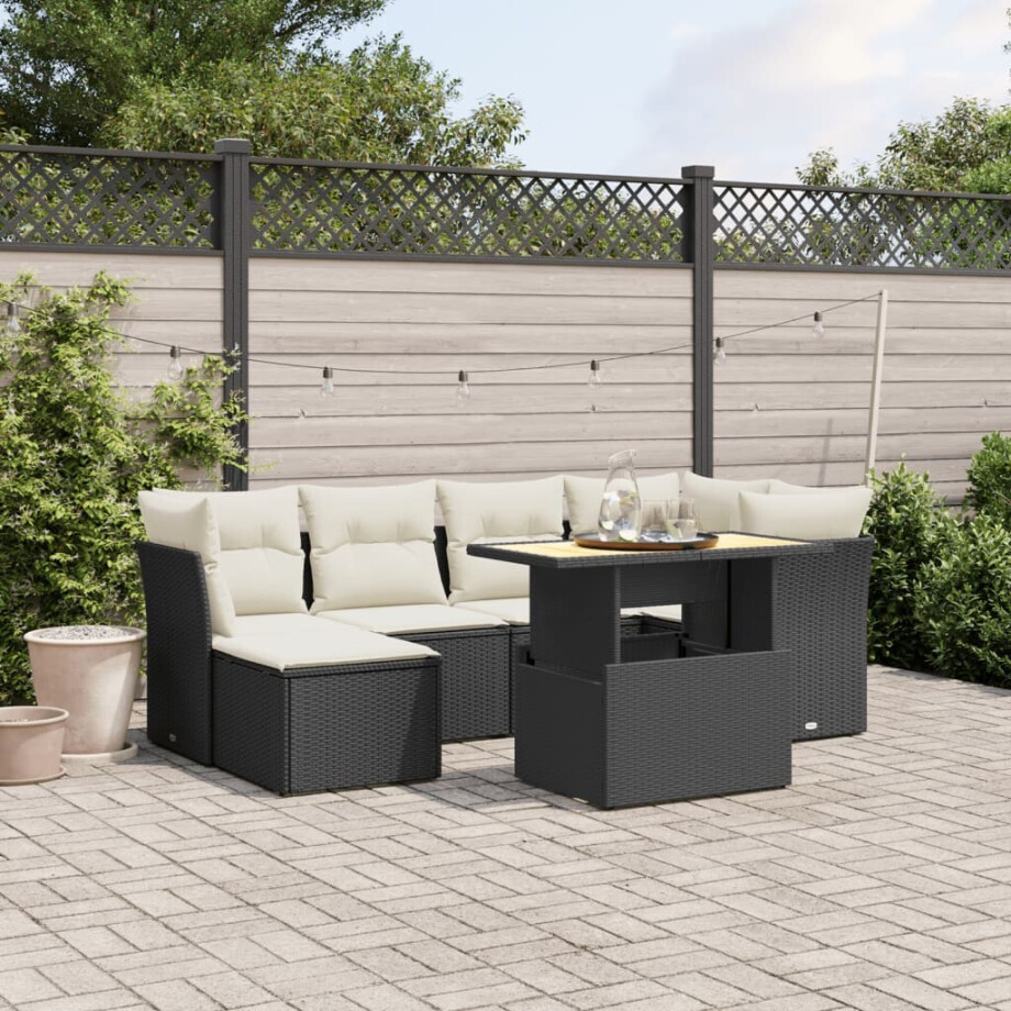 vidaXL 7-delige Loungeset met kussens poly rattan zwart afbeelding 1